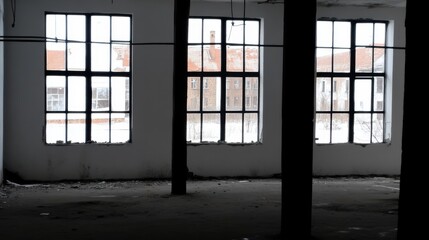Fototapeta premium Abandoned industrial space with large windows revealing a snowy landscape.