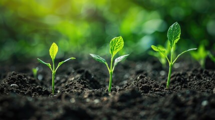 Vibrant green saplings growing in rich soil under warm sunlight