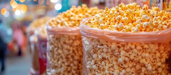 Colorful popcorn in clear plastic bags ready for sale at a vibrant local market with selective focus on foreground bags.