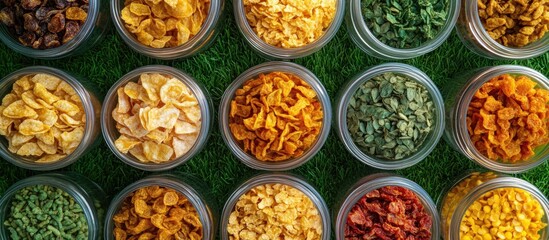 Colorful assortment of dried fish cracker snacks in clear jars arranged on green grass captured from above, showcasing Indonesian culinary delights.