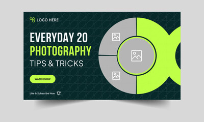 Best photography tips and tricks video cover banner design, videography techniques video thumbnail banner design, editable vector eps 10 file format