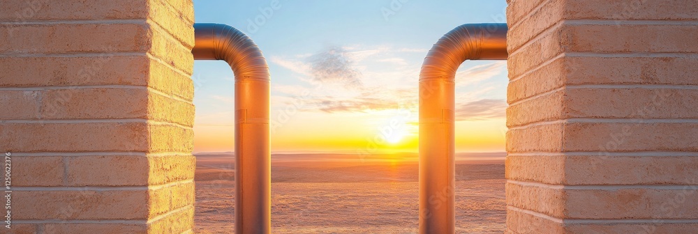 Aufkleber modern geothermal infrastructure sleek metallic pipeline against sunrise in desert - sustainable ene