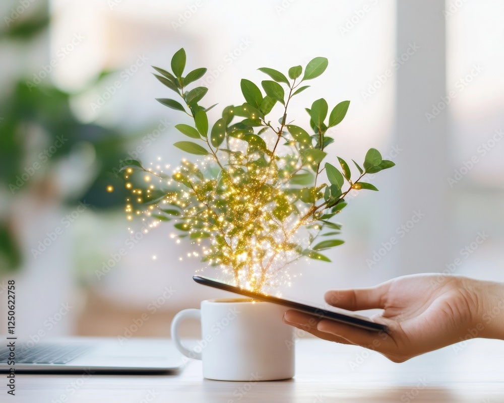 Poster holographic tech infusion ai-enhanced tablet in minimalist workspace with nature-inspired decor - mo