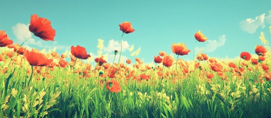 Obraz premium Vibrant poppy flowers blooming in a lush green field under a bright blue sky creating a serene and colorful landscape scene.