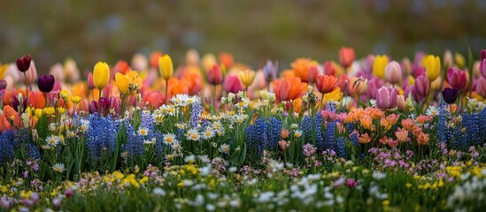 Vibrant floral landscape showcasing a diverse array of colorful flowers creating a stunning natural pattern in a garden setting.