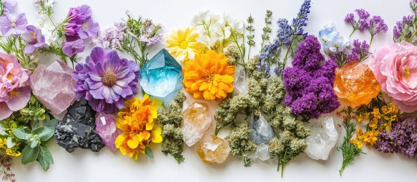 Vibrant holistic healing crystal grid with fresh flowers and cannabis on a bright background showcasing macro photography and crisp colors