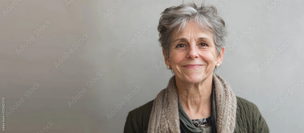 Fototapete smiling senior woman with a nostalgic expression in neutral setting showcasing empty space for text 