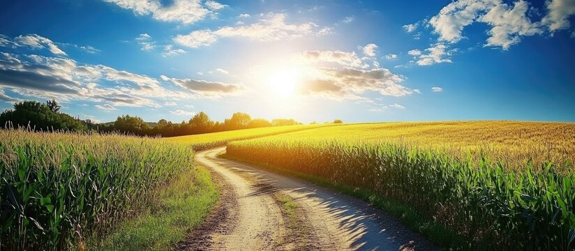 Scenic landscape of a winding dirt road through a golden cornfield under a bright blue sky with fluffy clouds and the sun shining brightly. - Powered by Adobe