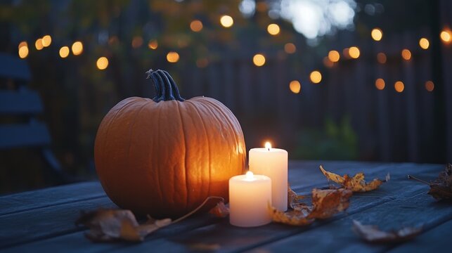 Cozy autumn scene featuring a lit pumpkin surrounded by candles and fairy lights against a twilight backdrop with fallen leaves. - Powered by Adobe