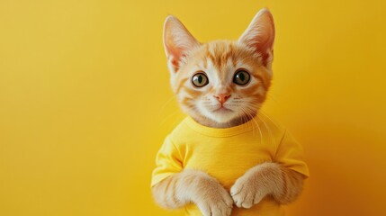 Adorable Orange Kitten in Yellow T Shirt Against Bright Yellow Background Creative Design Template Space for Text and Promotions