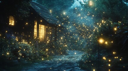 A dreamy scene of tiny particles suspended in the air, creating a magical effect against the dark.