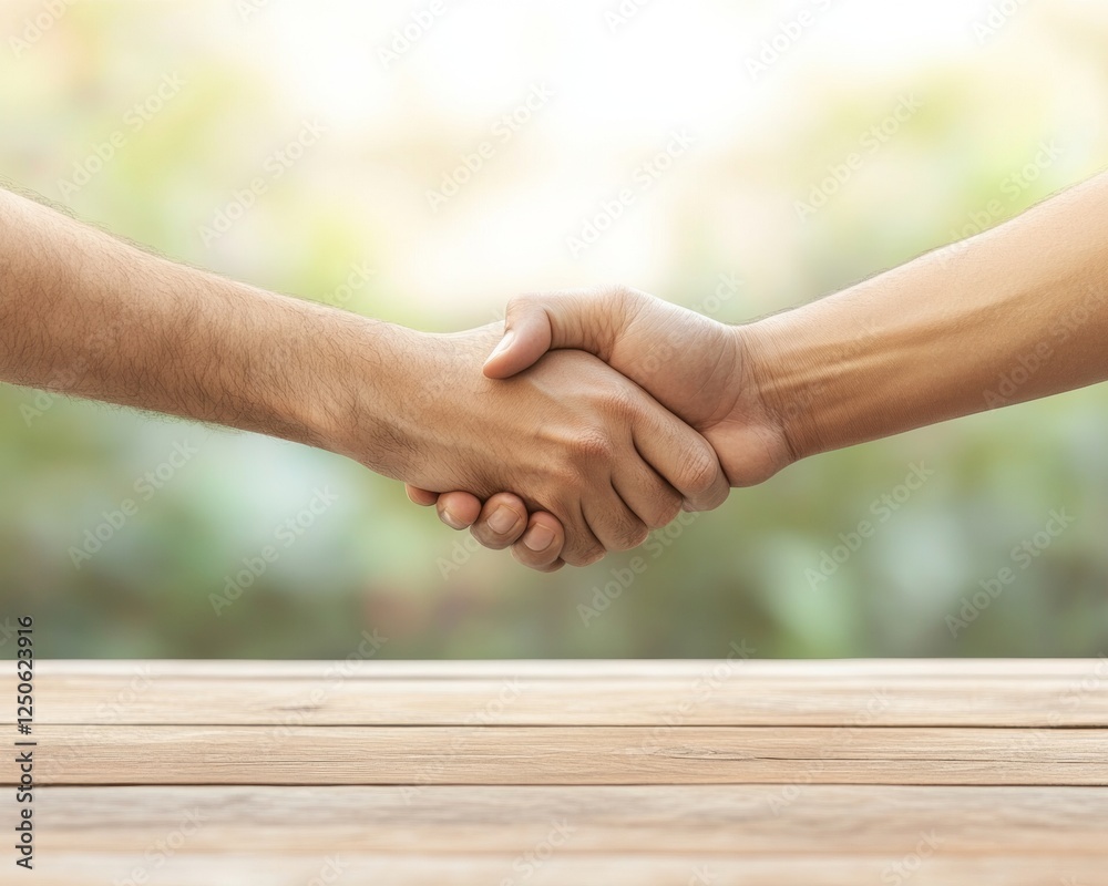 Poster scandinavian minimalism business agreement wooden desk with handshake display in modern office corpo