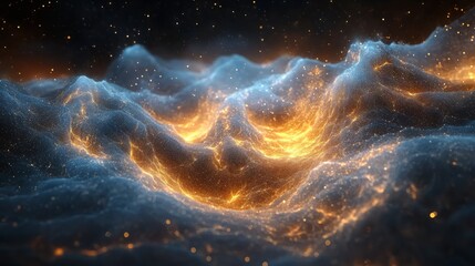 A dreamy scene of tiny particles suspended in the air, creating an ethereal effect against a dark backdrop. 