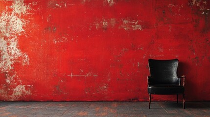 Vibrant Red Textured Wall with Black Armchair Creating a Bold and Artistic Interior Scene