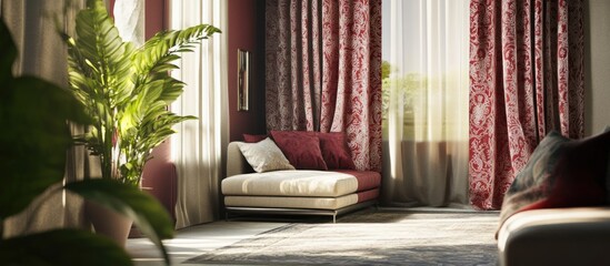 Elegant red curtain motifs enhancing sunlight filtering in a cozy living space with a touch of greenery and modern furniture decor.