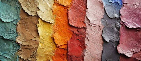 Colorful textured pigment wall surface showcasing a variety of hues in a mural-like composition for artistic and design applications.