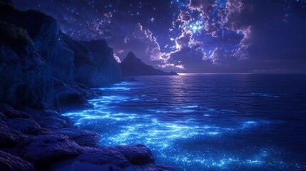 Fototapeta premium A mesmerizing view of bioluminescent particles glowing in the ocean at night, creating a dreamy effect. 