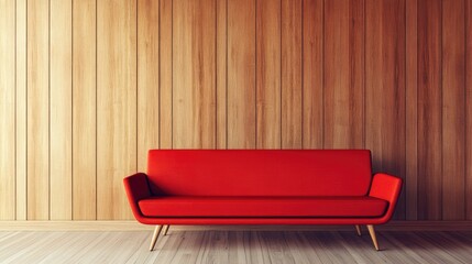 Retro living room with a vibrant red modern sofa against a wooden wall showcasing empty space for a banner or text overlay.
