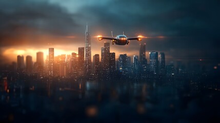 Naklejka premium Futuristic cityscape at dusk with drone flying over illuminated skyscrapers and towers in a modern global metropolitan city Dramatic lighting technology and transportation concept