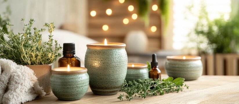 Elegant pottery candles for a serene spa setting with herbal fragrances and essential oils on a wooden surface surrounded by greenery.