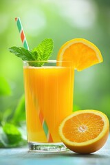 Fresh orange juice in a glass with a straw, garnished with mint leaves and a slice of orange, set against a vibrant green background. Refreshing summer drink.