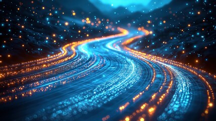 Glowing data stream flows through dark mountains, night sky backdrop, for tech visuals