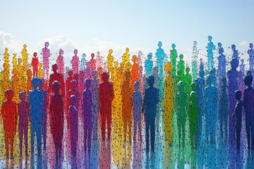 Network of multicolored human figures representing social connectivity, data clustering, and digital networking

