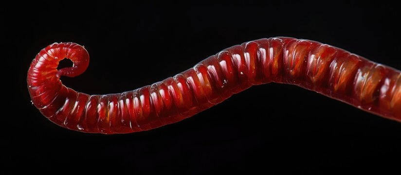 Red bloodworm isolated on black background showcasing macro details of its unique shape and coloration in a natural setting.