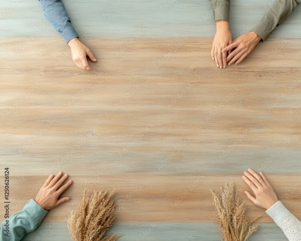 Fototapete minimalist collaborative workspace aesthetic modern open office table with diverse hands - business 