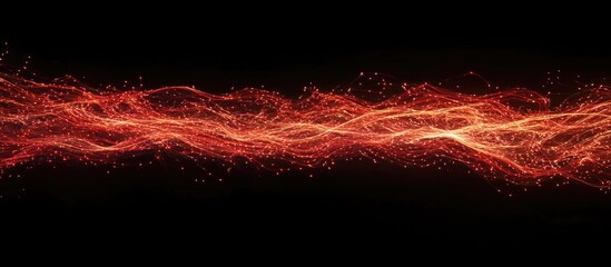 Dynamic red flames with glowing sparks on a dark background, creating an abstract fiery energy effect.