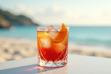 Refreshing Iced Beverage with Citrus Garnish on Bright Sunny Day by Ocean