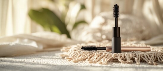 Naklejka premium Mascara and brush elegantly arranged on a handmade macrame cover with soft natural lighting creating a serene beauty setting.