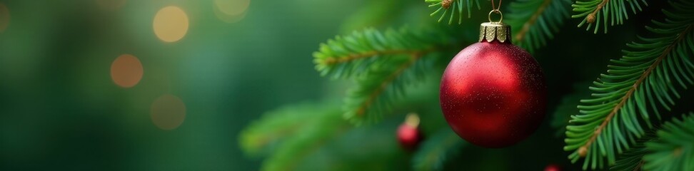 Glossy red ornament hangs from lush green fir branches , texture, festive, winter wonderland
