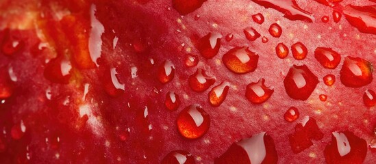 Close-up of a red apple's surface showcasing intricate textures and water droplets enhancing its vibrant color and freshness.
