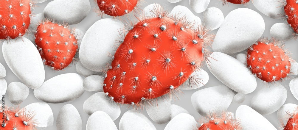 Poster red cacti interspersed with white pebbles creating a seamless and vibrant repeating pattern suitable