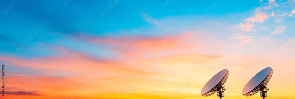 Poster dramatic sky backdrop for satellite dish array sleek metallic radio telescopes in sequence - future-