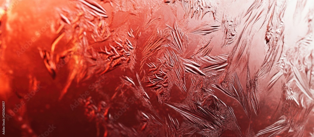 Poster textured red frozen metal surface with intricate ice patterns reflecting light for artistic and desi