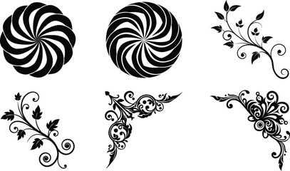 Swirling floral design elements corner, spiral, black, white, vector, graphic, illustration, decorat © Chaya