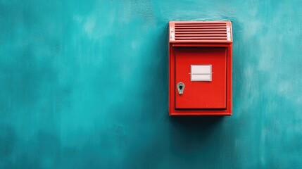 Red Mailbox on Turquoise Wall Emphasizing Priority Mail Service Concept