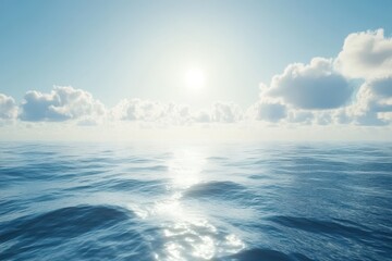 Obraz premium Serene ocean scene with bright sun and fluffy clouds. Ideal for travel, peace, and tranquility themes.