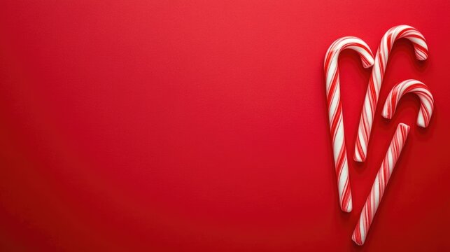 Red and white candy canes on vibrant red background festive holiday theme with ample space for seasonal promotions or text - Powered by Adobe