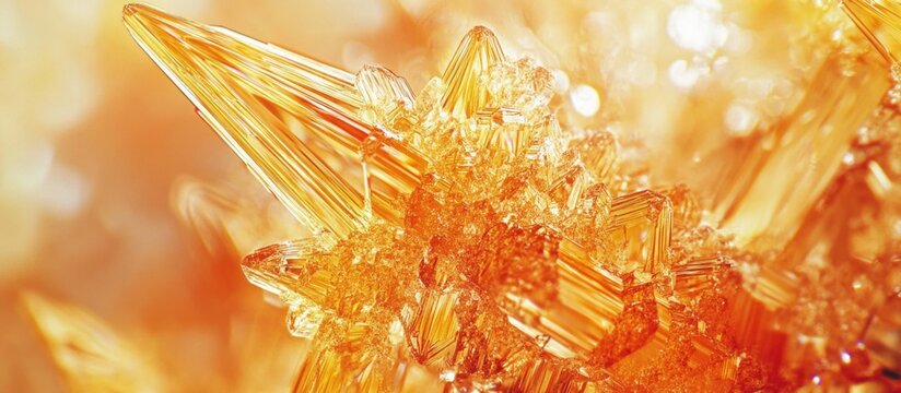 Potassium bichromate crystals in macro view showcasing intricate orange formations and unique textures against a soft background.