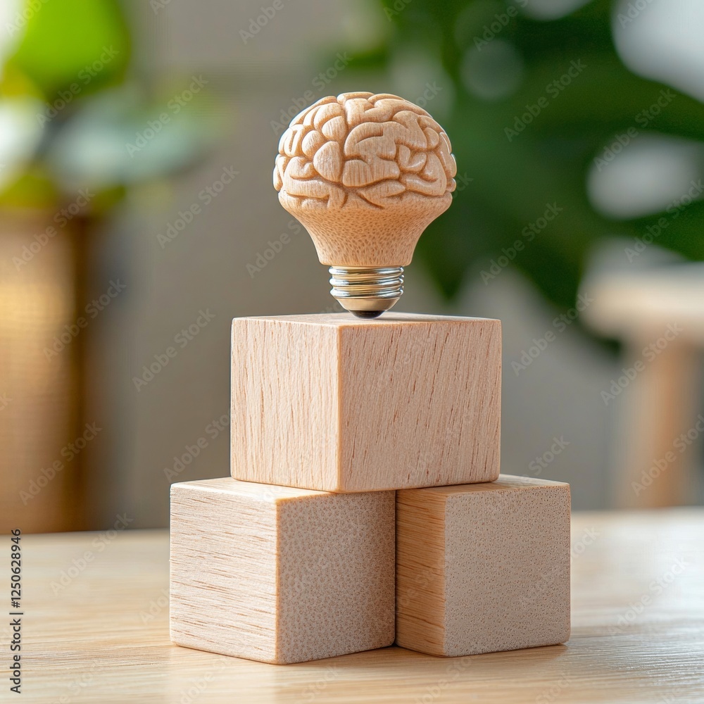 Poster minimalist innovation in wooden workspace decor conceptual brain and lightbulb figurines on desk for
