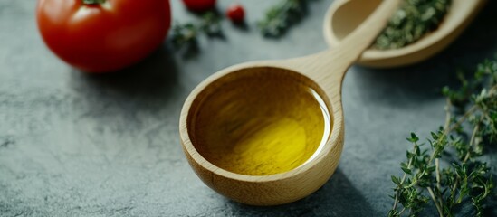Wooden measuring spoon filled with oil, herbs, and tomato