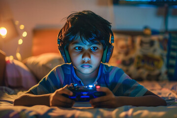 Little boy using smartphone till late night