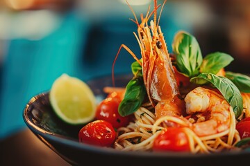 Shrimp pasta dish with fresh tomatoes, basil, and lime served in a black bowl, showcasing a vibrant culinary experience. Perfect for food photography and recipes.