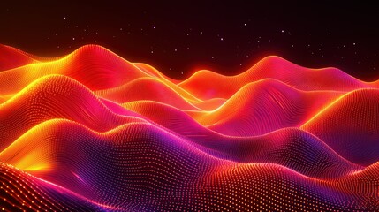 Fototapeta premium Glowing digital landscape with particle waves under starry night sky, ideal for backgrounds