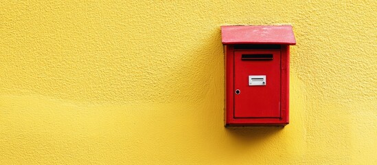 Vibrant red postbox against a bright yellow wall creating a striking contrast in urban or artistic settings
