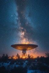 Radio telescope dish beneath the Milky Way, capturing deep space signals against a cosmic backdrop

