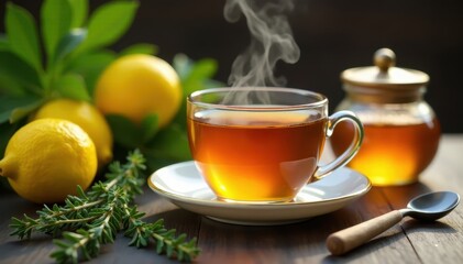 Golden tea steams, filling teacup; lemons, thyme sprigs, honey jar nearby , beverage, honey, lemon